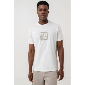 Tricou din bumbac cu imprimeu logo - Alb/Maro camel