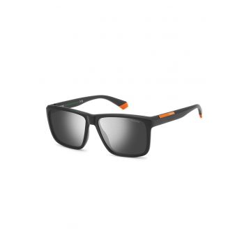 Ochelari de soare dreptunghiulari cu lentile polarizate - Negru carbon/Portocaliu mandarina