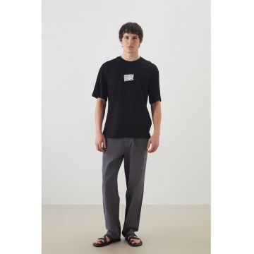 Pantaloni relaxed-fit din bumbac si in - Gri antracit