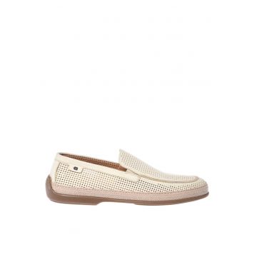 Pantofi loafer de piele nabuc cu perforatii - Alb murdar