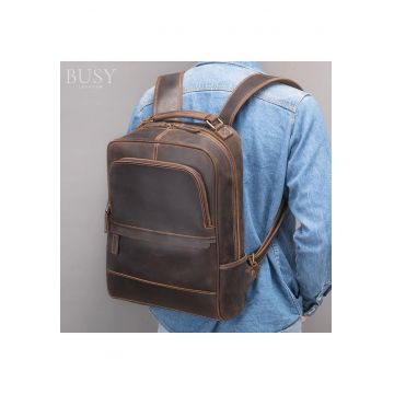 Rucsac barbati din piele naturala pentru laptop 15 - 6' -  Rayan - piele premium crazy horse - sistem prindere troler - compartiment tableta - dark coffee vintage