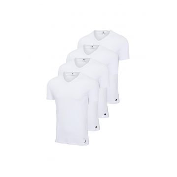Set de tricouri cu decolteu in V si model uni - 4 piese - Alb