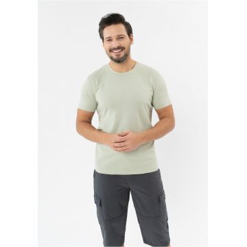 Tricou barbati din bumbac - decolteu la baza gatului - uni - Regular Fit -  T-Basic - menta - Verde menta
