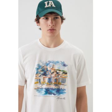 Tricou cu decolteu la baza gatului si imprimeu grafic - Alb optic