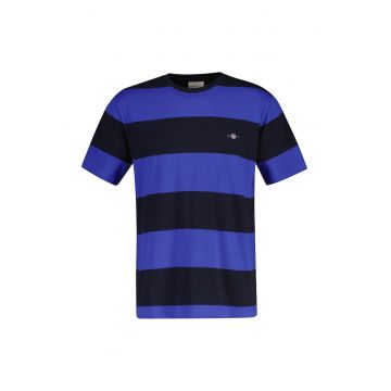 Tricou cu decolteu la baza gatului si model in dungi - Albastru inchis