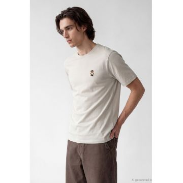 Tricou de bumbac cu broderie - Maro camel/Bej deschis