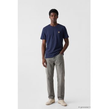 Tricou de bumbac cu broderie - Maro camel/Bleumarin