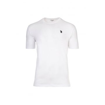 Tricou de bumbac cu decolteu la baza gatului si logo discret - Alb optic