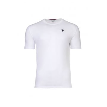 Tricou de bumbac cu decolteu la baza gatului si logo discret - Alb