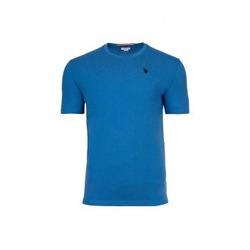 Tricou de bumbac cu decolteu la baza gatului si logo discret - Albastru