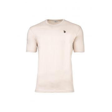 Tricou de bumbac cu decolteu la baza gatului si logo discret - Bej