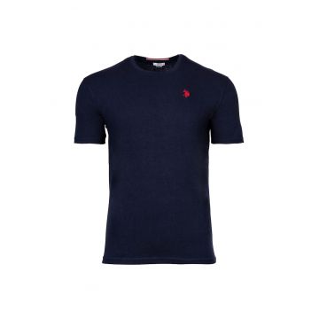 Tricou de bumbac cu decolteu la baza gatului si logo discret - Bleumarin
