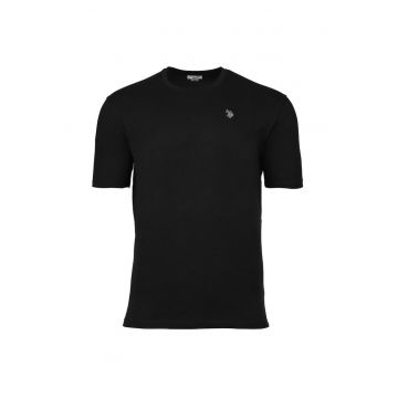Tricou de bumbac cu decolteu la baza gatului si logo discret - Negru
