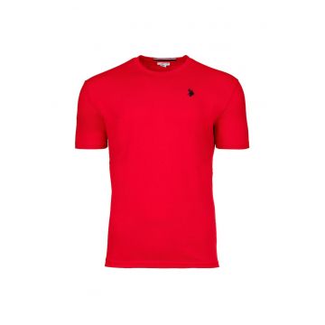 Tricou de bumbac cu decolteu la baza gatului si logo discret - Rosu