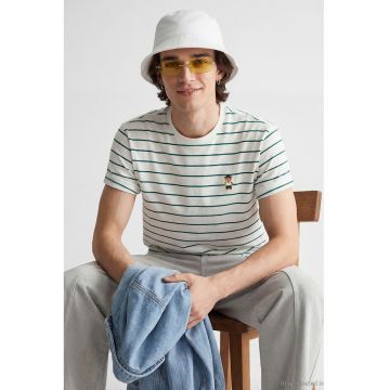 Tricou de bumbac cu decolteu la baza gatului - Verde smarald/Alb optic