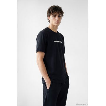 Tricou de bumbac cu imprimeu text - Alb/Negru