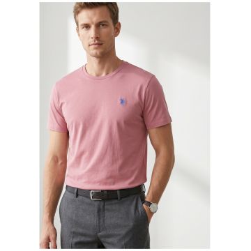 Tricou slim fit cu logo brodat - Roz prafuit
