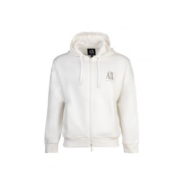 Hanorac cu fermoar si detaliu cu broderie logo - Alb
