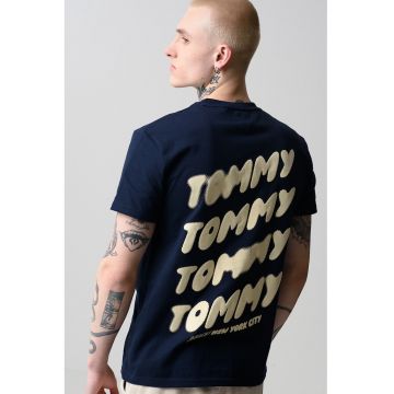 Tricou cu decolteu la baza gatului si imprimeu logo - Albastru ultramarin