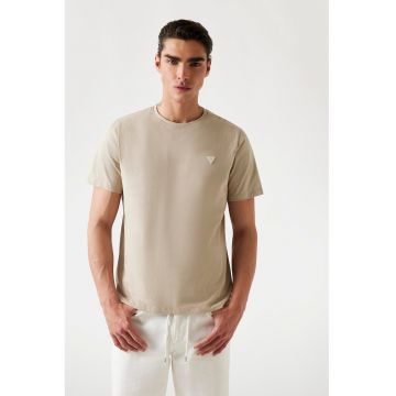 Tricou de bumbac cu decolteu la baza gatului - Bej