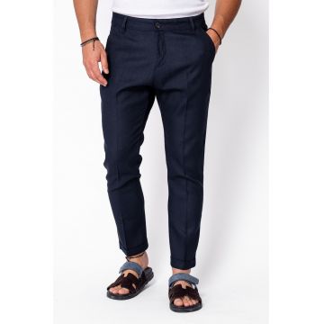 Pantaloni lungi din in cu nasture Navy 21973 - Bleumarin