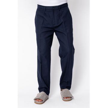 Pantaloni lungi din IN cu nasture si tiv intors Navy 22359 - Bleumarin