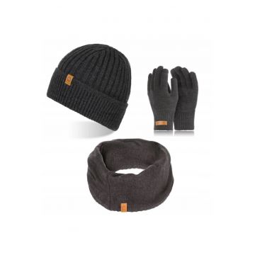 Set caciula cu manusi si fular Brodrene - Acril - Universal - Gri inchis