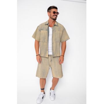 Set camasa si pantalon scurt din denim prespalat Beige 22458 - Bej