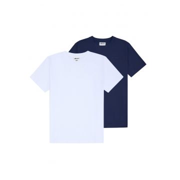 Set de tricouri din bumbac cu model uni - 2 piese - Alb/Albastru inchis