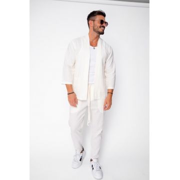 Set Tulum Jacheta tip kimono cu buzunare si pantalon lung Off White 22312 - Bej