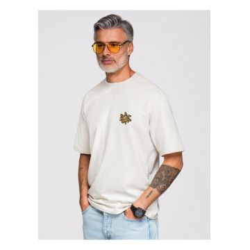 Tricou barbati loose fit cu aplicatie decorativa - decolteu rotund - material jersey OM-TSCT-0275 - Alb murdar