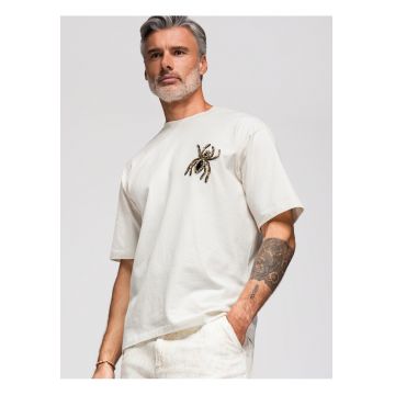 Tricou barbati loose fit cu aplicatie decorativa paianjen - decolteu rotund - mansete scurte OM-TSCT-0277 - Alb murdar -