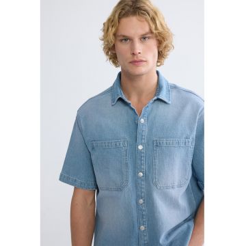 Camasa din denim cu buzunare pe piept - Albastru prafuit