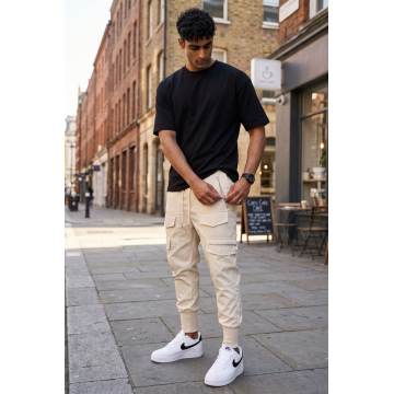 Pantaloni de trening cargo  bej  conici y081