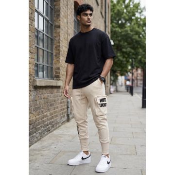 Pantaloni de trening cargo  bej  conici y089