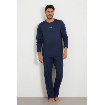 Pijama de bumbac cu pantaloni lungi si imprimeu logo - Albastru prafuit