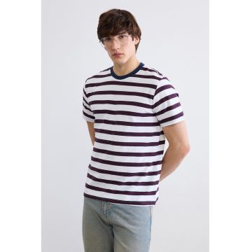 Tricou din bumbac cu dungi - Alb/Violet pruna/Bleumarin
