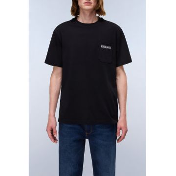 Tricou cu buzunar pe piept si decolteu la baza gatului - Negru/Maro taupe deschis