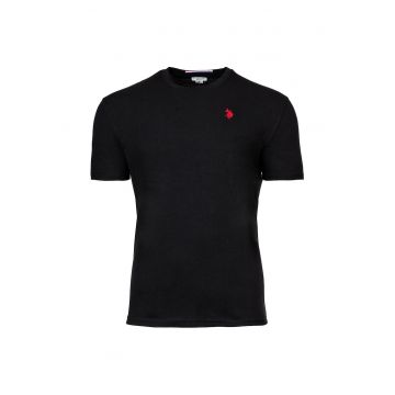 Tricou de bumbac cu decolteu la baza gatului si logo discret - Rosu/Negru