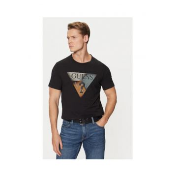Tricou din amestec de bumbac cu imprimeu logo - Negru
