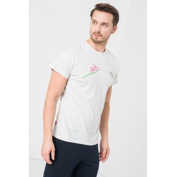 Tricou din jerseu cu decolteu la baza gatului si imprimeu logo - Verde/Roz zmeuriu/Gri melange