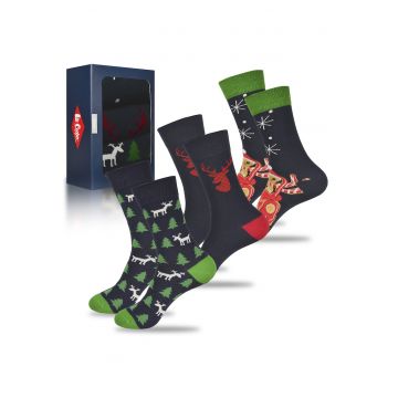 Set 3 Perechi Sosete Barbati -  Model de Craciun cu Ren - pentru Cadou - Marime