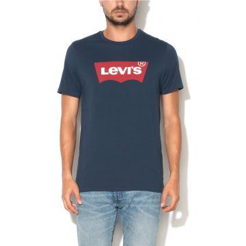 Tricou bleumarin inchis cu decolteu la baza gatului cu logo - Albastru marin -