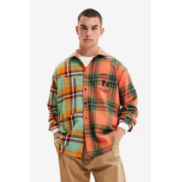 Desigual camasa din bumbac barbati, culoarea maro, cu guler italian, relaxed