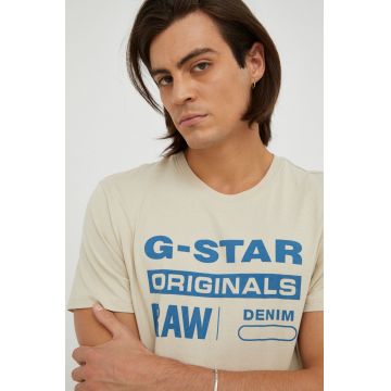 G-Star Raw tricou din bumbac culoarea bej, cu imprimeu