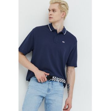 Tommy Jeans polo de bumbac culoarea albastru marin, cu imprimeu