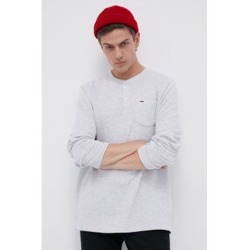 Tommy Jeans Longsleeve bărbați, culoarea gri, cu imprimeu