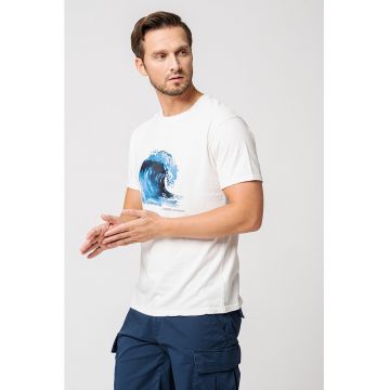 Tricou de bumbac cu imprimeu si decolteu la baza gatului