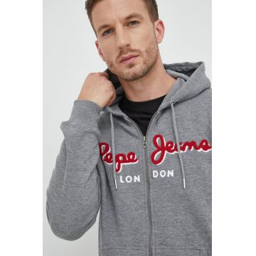 Pepe Jeans bluza barbati, culoarea gri, cu glugă, cu imprimeu