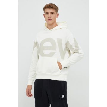 New Balance hanorac de bumbac barbati, culoarea bej, cu glugă, cu imprimeu